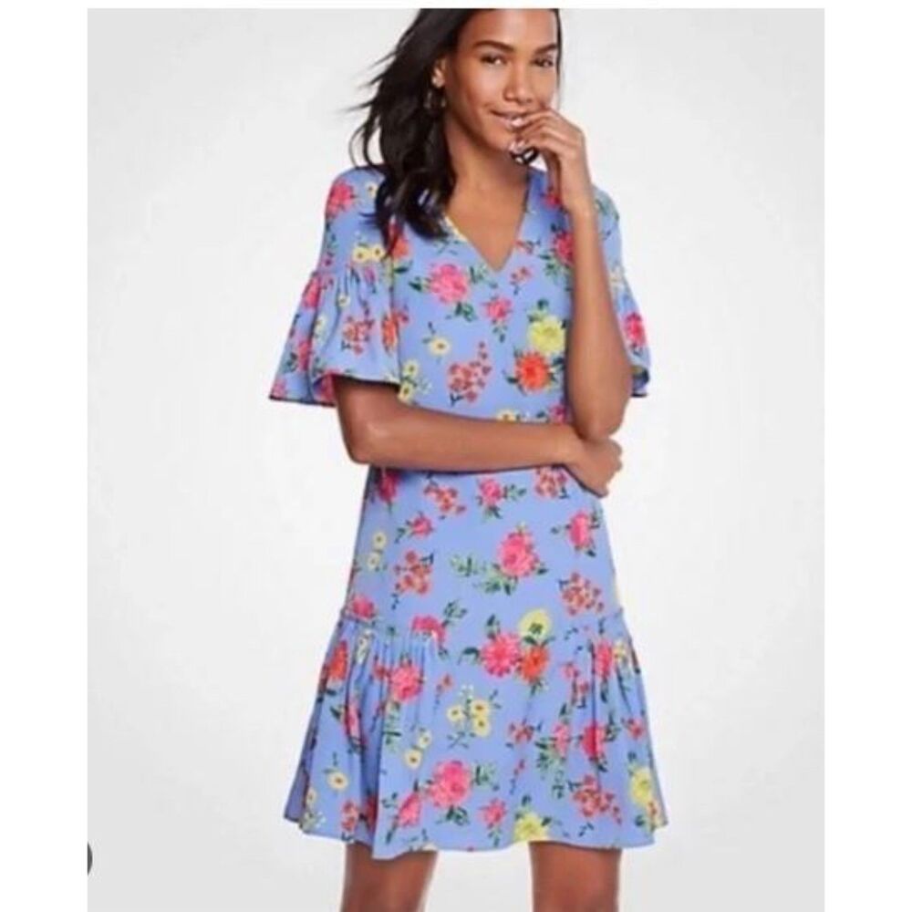 Ann Taylor Blue Floral Pleated Drop Waist Flounce Hem Shift Dress Size 6